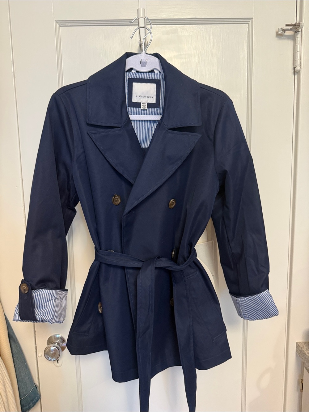 Weatherproof Navy Double-Breasted Trench with Striped Cuff Lining